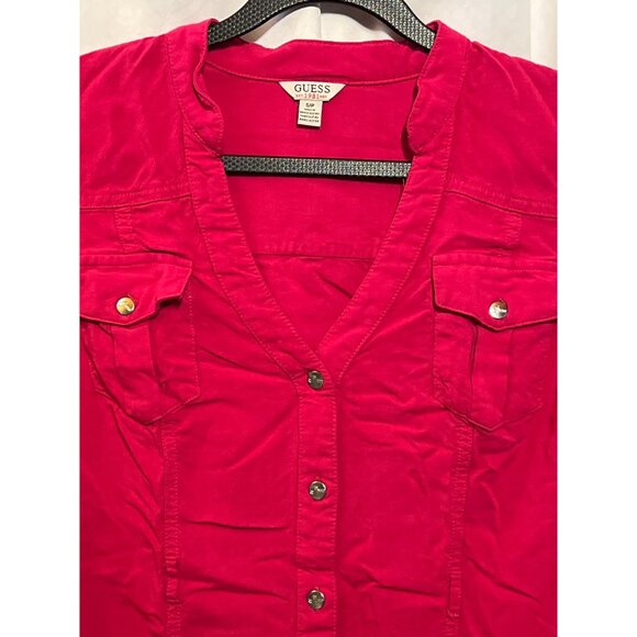 Guess Womens Pink Button-Up Tunic Shirt Dress With 3/4 Sleeves & Chest Pockets - Picture 7 of 10